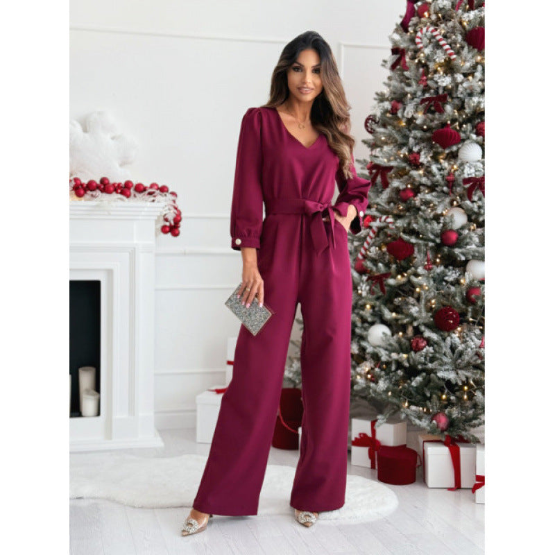 Women's Casual Pure Color Tied V-neck Long Sleeve Jumpsuit