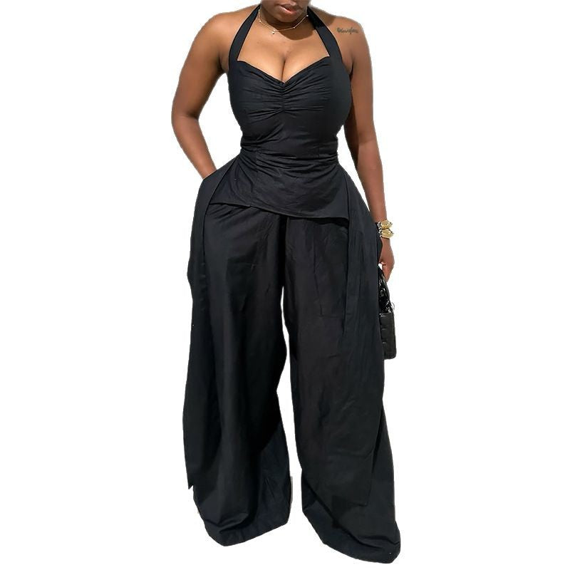 Sexy Halter V-neck Irregular Sleeveless High Waist Ribbon Jumpsuit Trousers