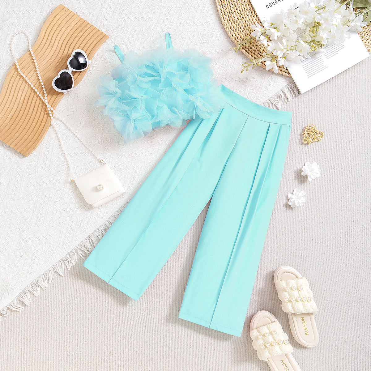 Mesh Three-dimensional Flower Sling Top Slim Fit Suit Pants Suit