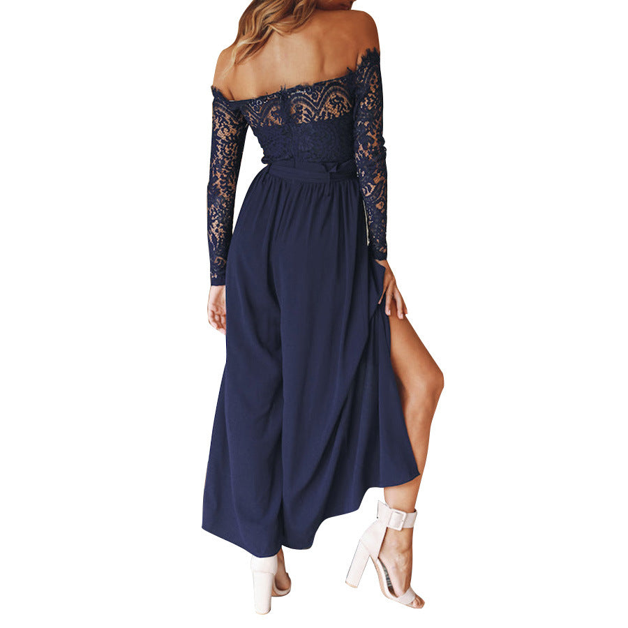Women's Solid Color Lace High Waist Strap Loose Jumpsuit