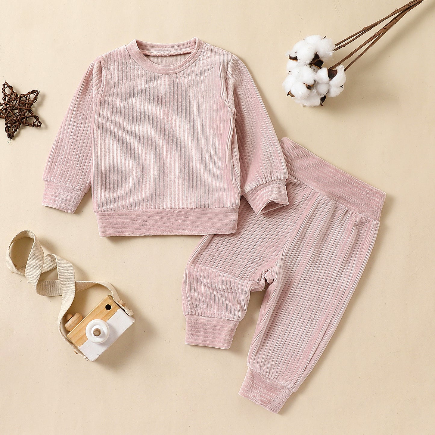 Cross-border New Arrival Infant Trousers Solid Color Rib Fabric Suit