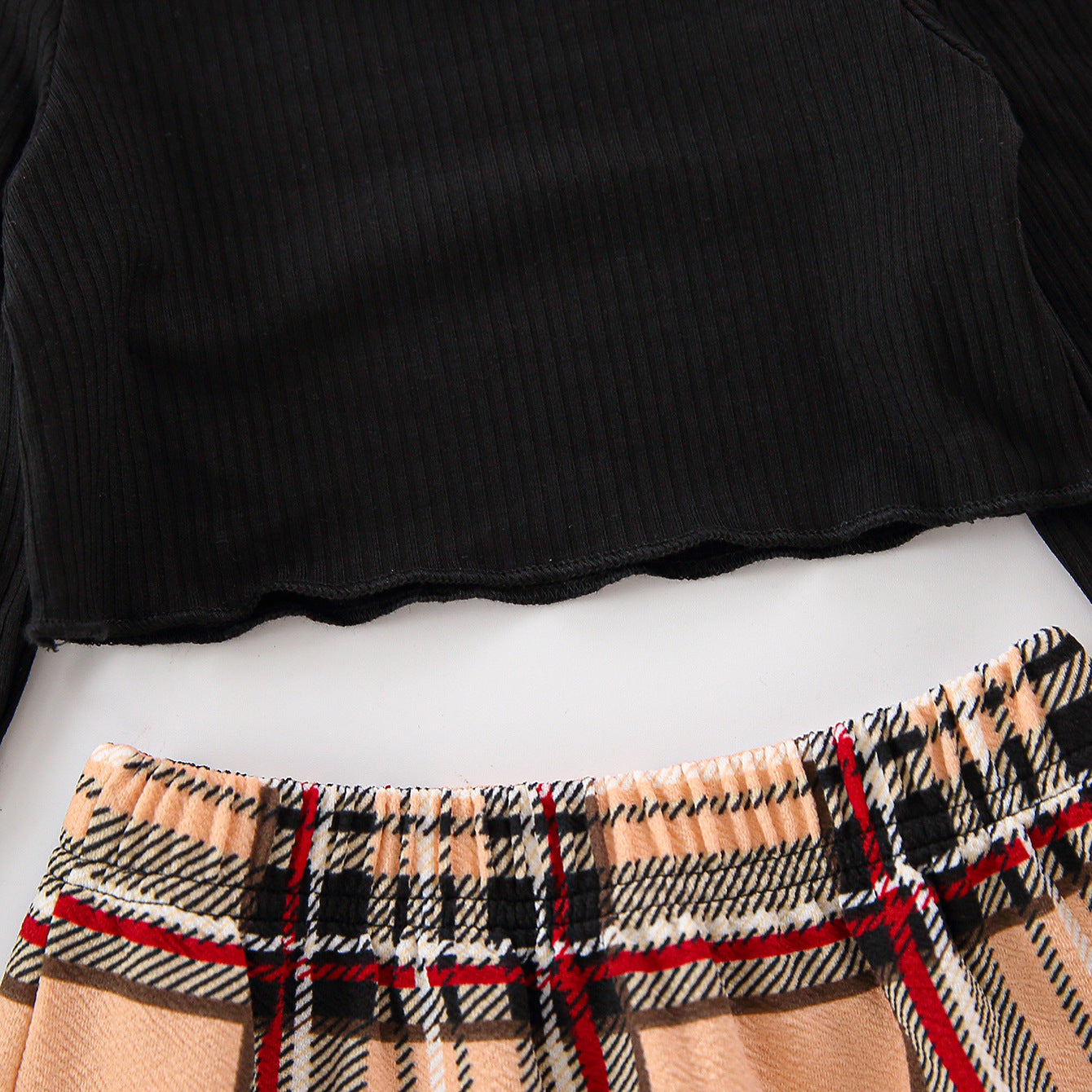 Two Piece Black Long Sleeve Top Checkered Skirt
