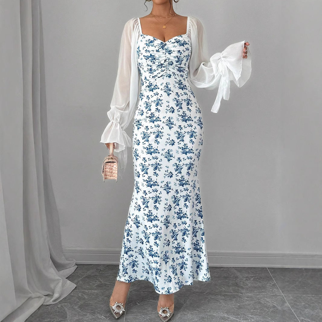 Long Sleeve V-neck Chiffon Spliced Knit Print Bodycon Dress