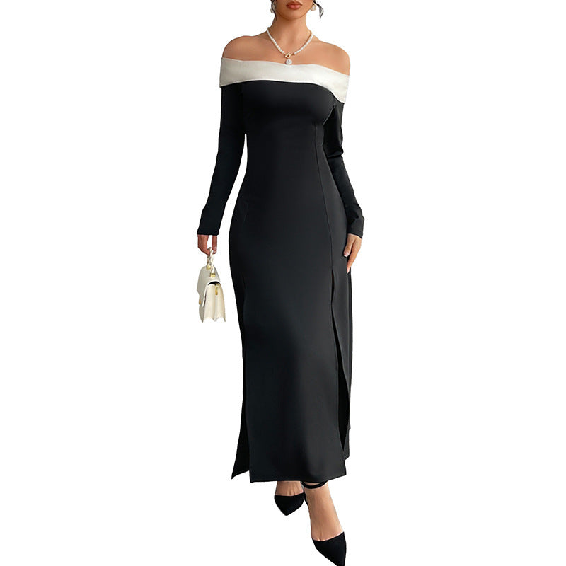 Female One Shoulder Patchwork Slim Long Dress