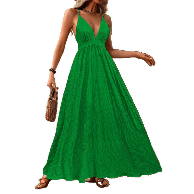 Vacation Style Solid Color Deep V-neck Spaghetti Strap Dress