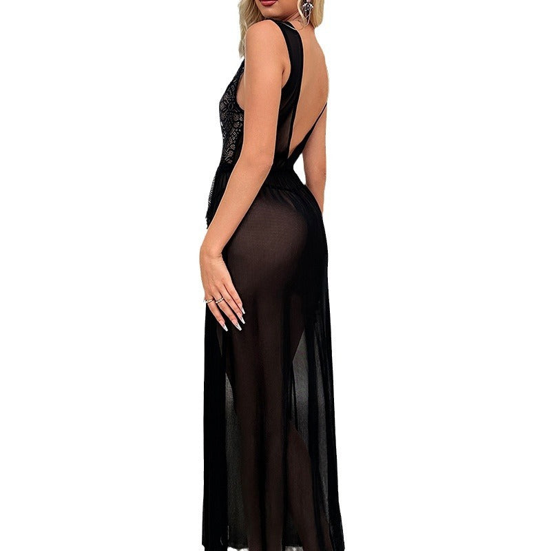 Women's Deep V Slit Lace Splicing Sling Long Dress