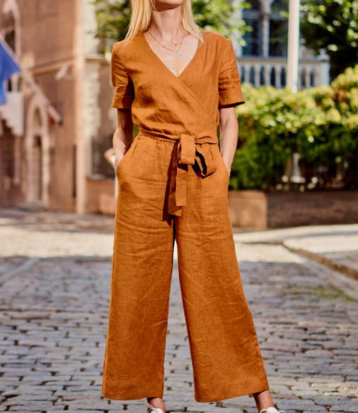 Spring And Summer New Short Sleeve Solid Color Casual Loose One-piece Trousers