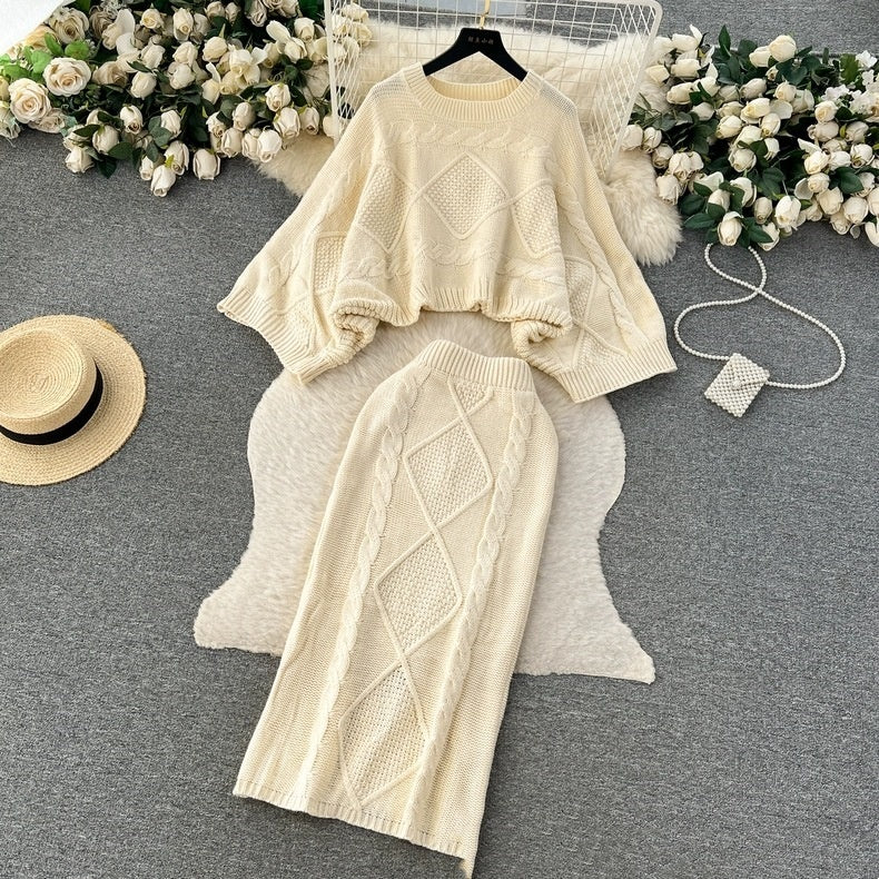Loose Cable-knit Sweater Women's Cinched Bodycon Sheath Skirt Two-piece Dress Of Knitted Sweater