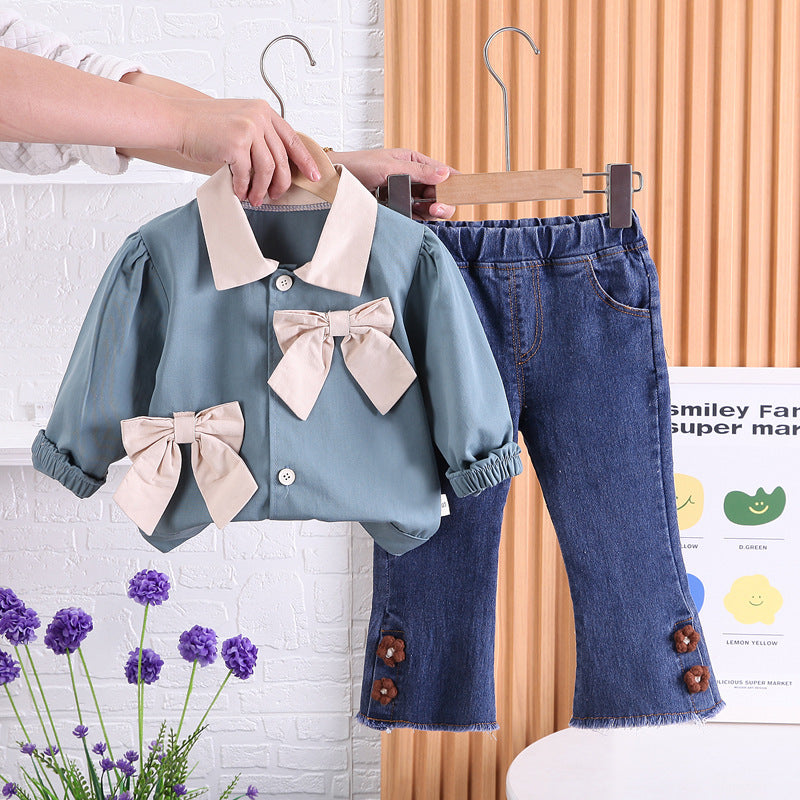 Lapel Long Sleeve Shirt Western Style Skinny Jeans Two-piece Set