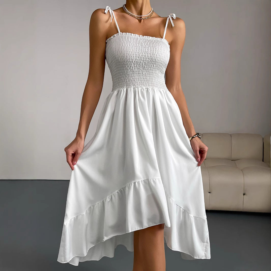 White Suspender Sleeveless Pleated Irregular Long Dress