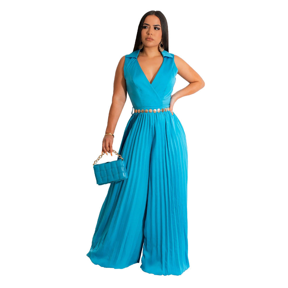 Cinched Pleated Loose Wide Leg Jumpsuit