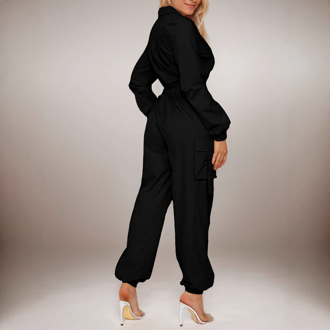 Fashion Out Coveralls Women's Flip Pocket Elastic Waist-tightening Zipper