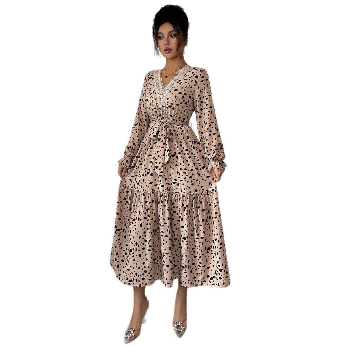 Elegant Polka-dot Self-tie Long Sleeve Dress For Women