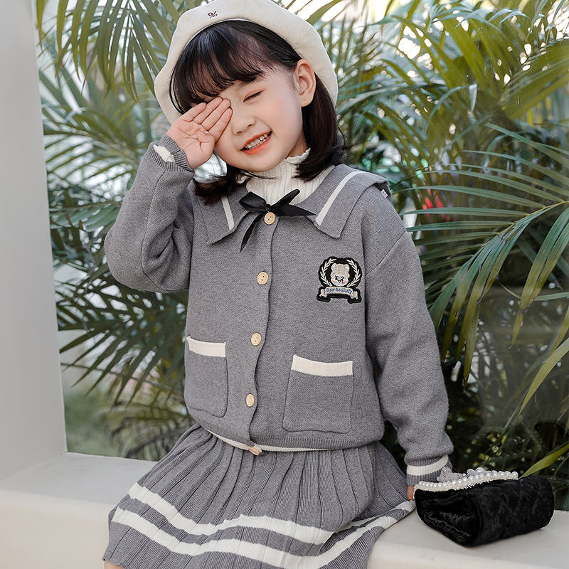 Embroidered Long Sleeve Cardigan Pleated Skirt Two Piece Set