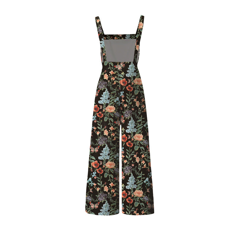 Suspender Trousers For Women Floral Print Buttons