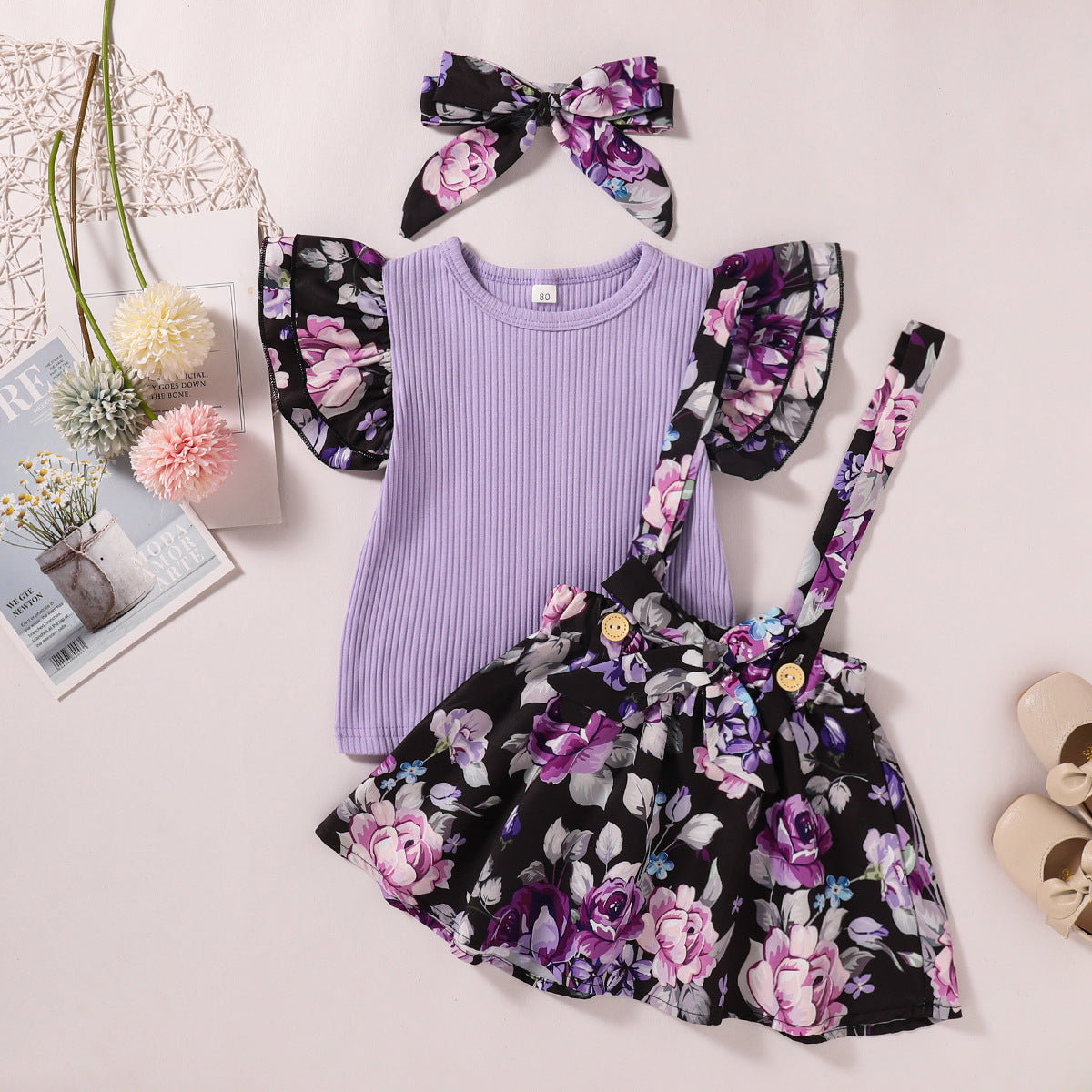 Girls' Skirt Suit, Pit Striped Cotton Short-sleeved T-shirt Three-piece Printed Suspender Skirt