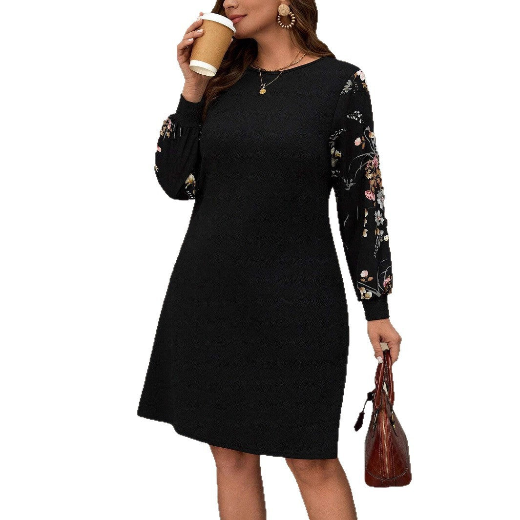 Large Size Round Neck Long Sleeve Printed Casual Women's Short Skirt