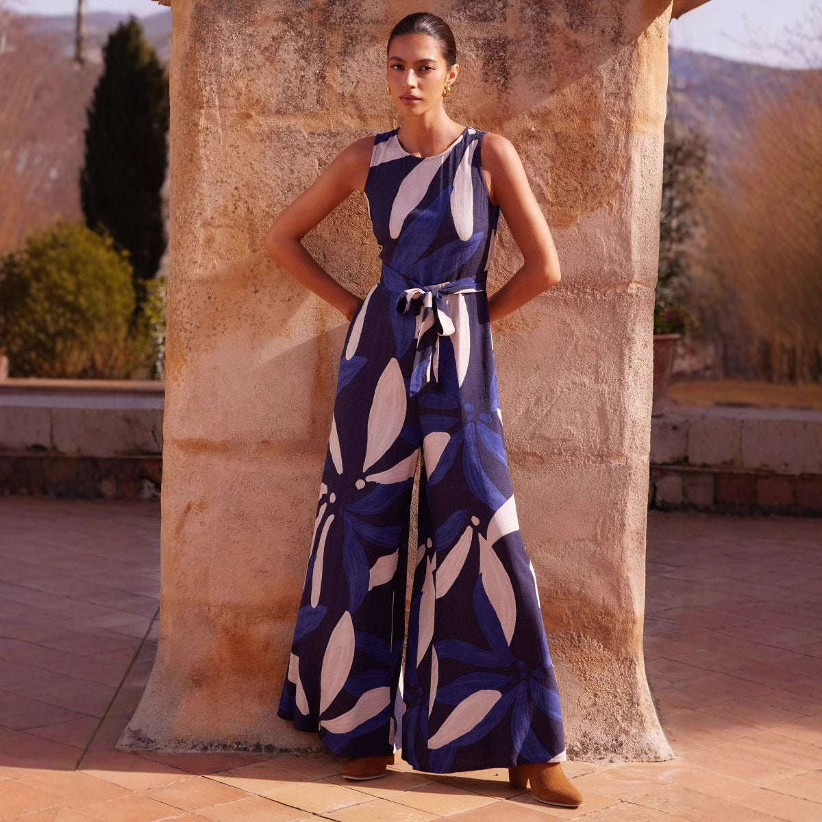 Fashion Round Neck Printed Waist-controlled Jumpsuit Women