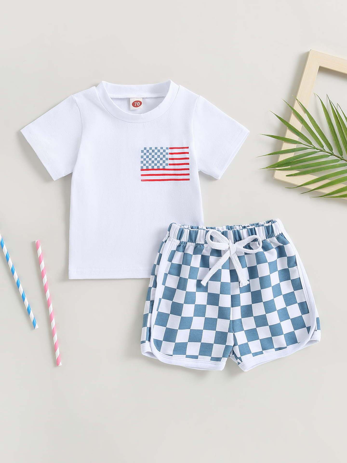 Baby Boy Shorts Short Sleeve Printed Chessboard Plaid Two-piece Set
