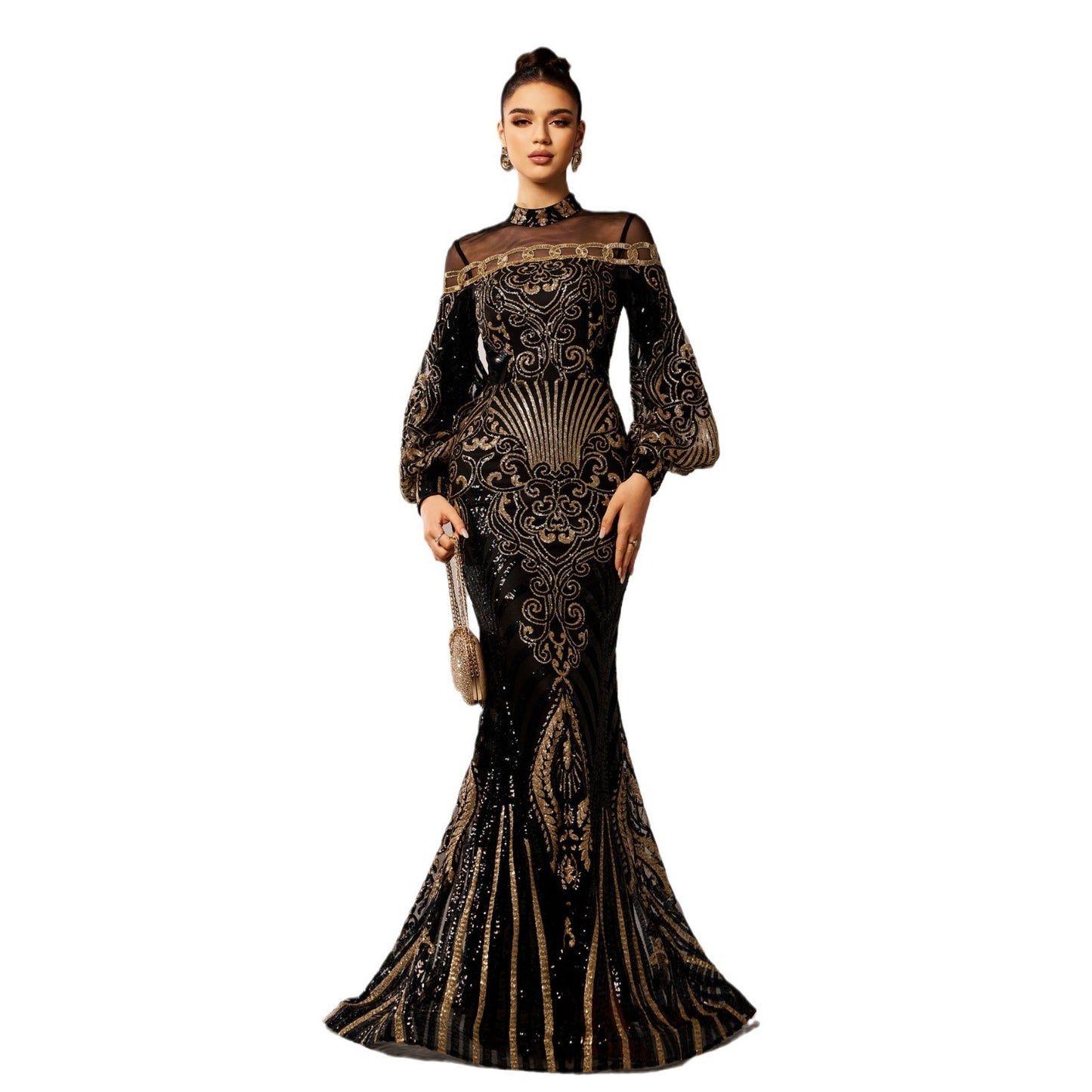 Long Sleeve Round Neck Sequins Mesh Fishtail Evening Dress