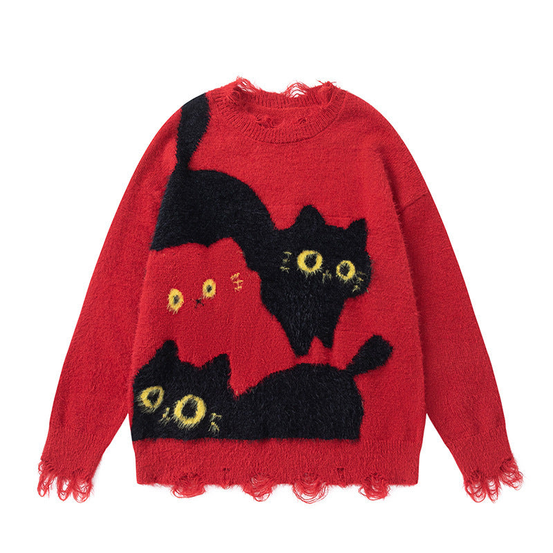 American Retro Plush Cat Ripped Tassel Design Sweater