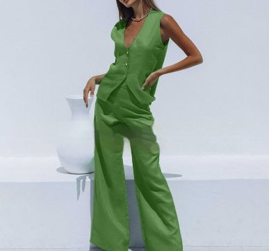 Fashion Casual Women's Cotton And Linen Trousers Suit Two-piece Set