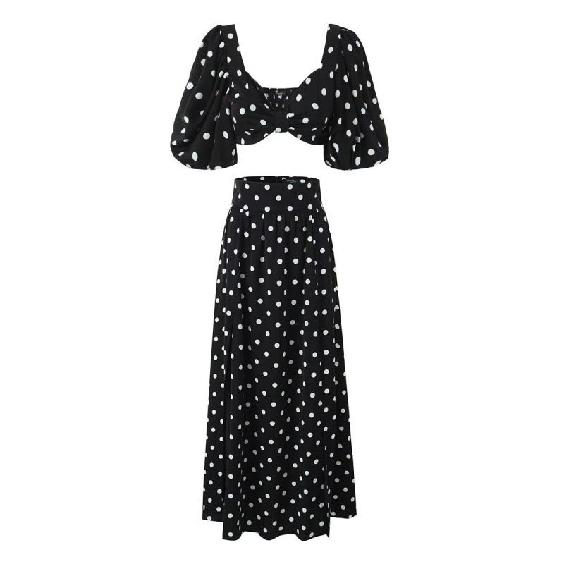 Seaside Vacation Sexy Polka Dot Split Top Mid-length Dress Set