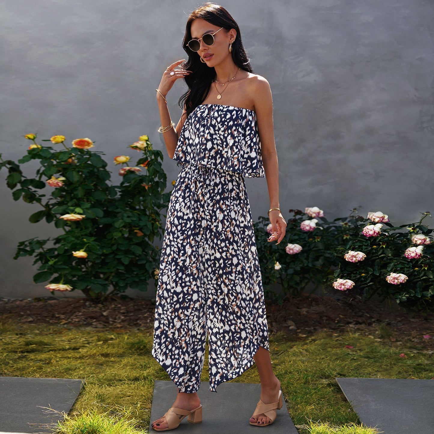 Women's Off Shoulder Chiffon Floral Jumpsuit Loose Wide Leg Pants