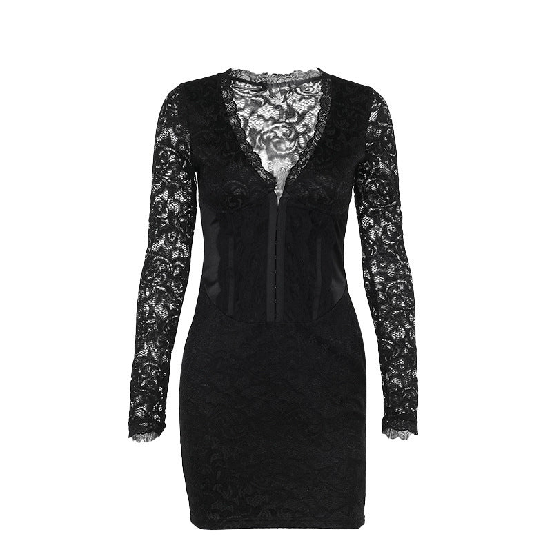 Elegant Sexy Long Sleeve Narrow Lace Mini Dress Women