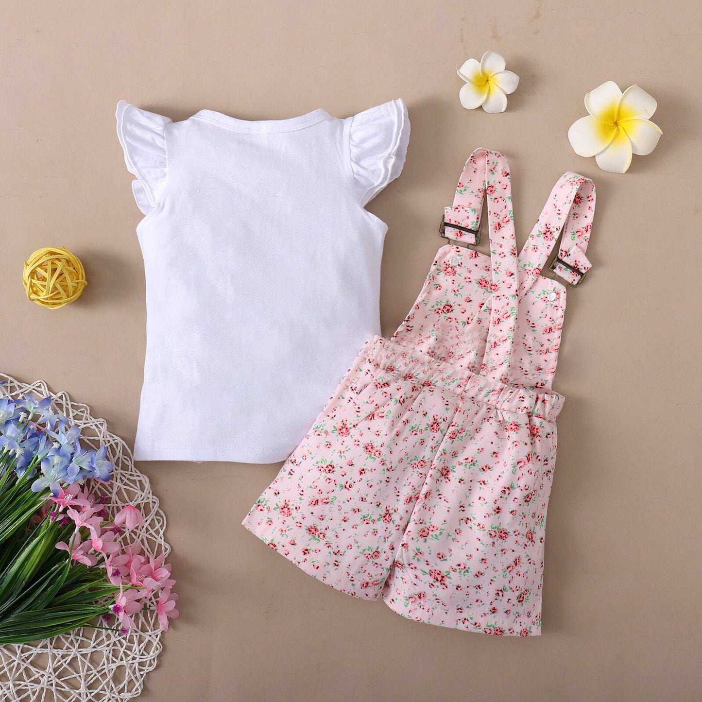 Short Sleeve Flounced Sleeve T-shirt Floral Suspender Pants Suit
