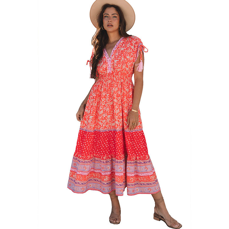 Women's High Waist A- Line Floral Printed V-neck Dress