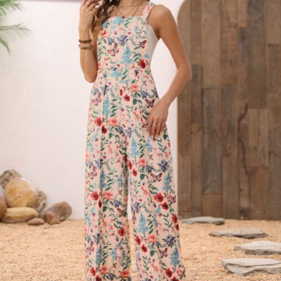 Cross-border Floral Print Button Wide Leg Jumpsuit Hot Sale In Stock