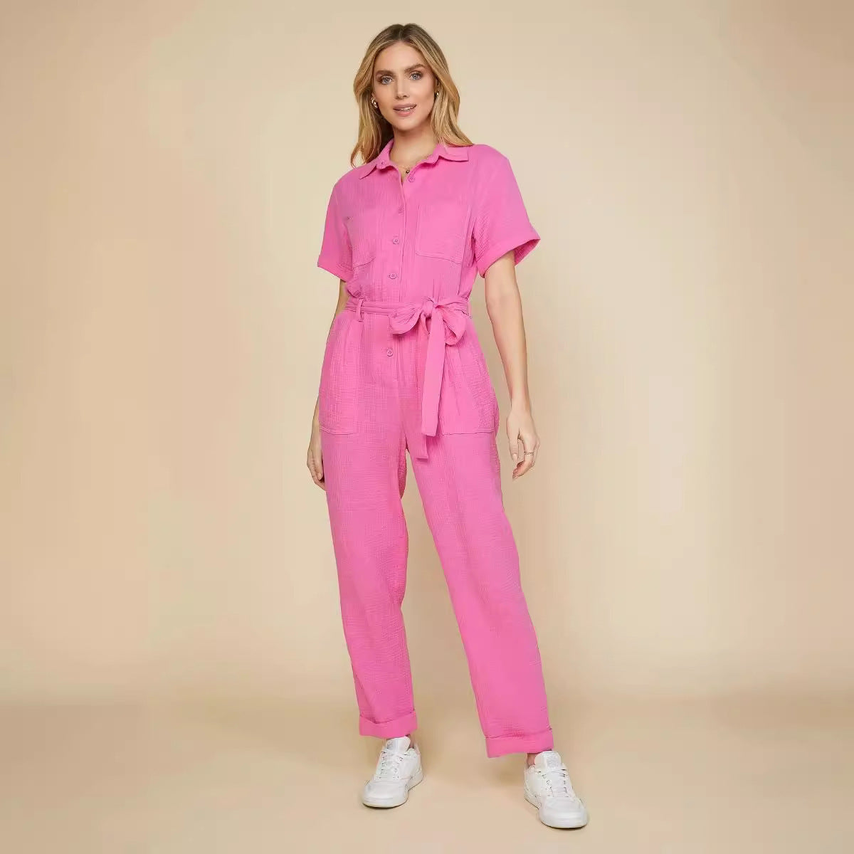 Women's Solid Color Short-sleeved Jumpsuit Trousers