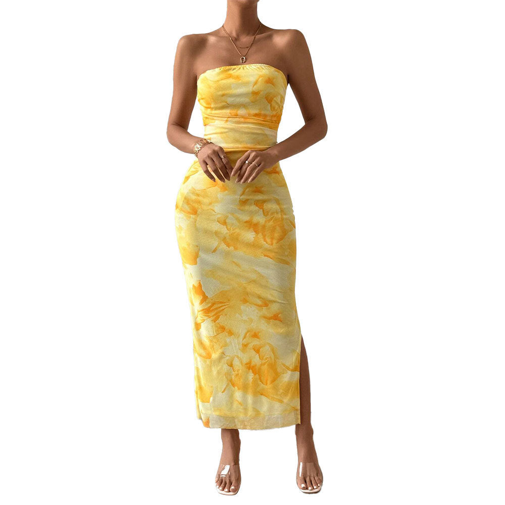 Women's Mesh Floral Print Dress New High Waist Slim Slit Tube Top