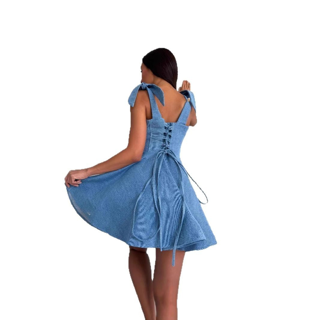 Fashion Hot Girl Square Collar Lace Up Fishbone Waist Dress