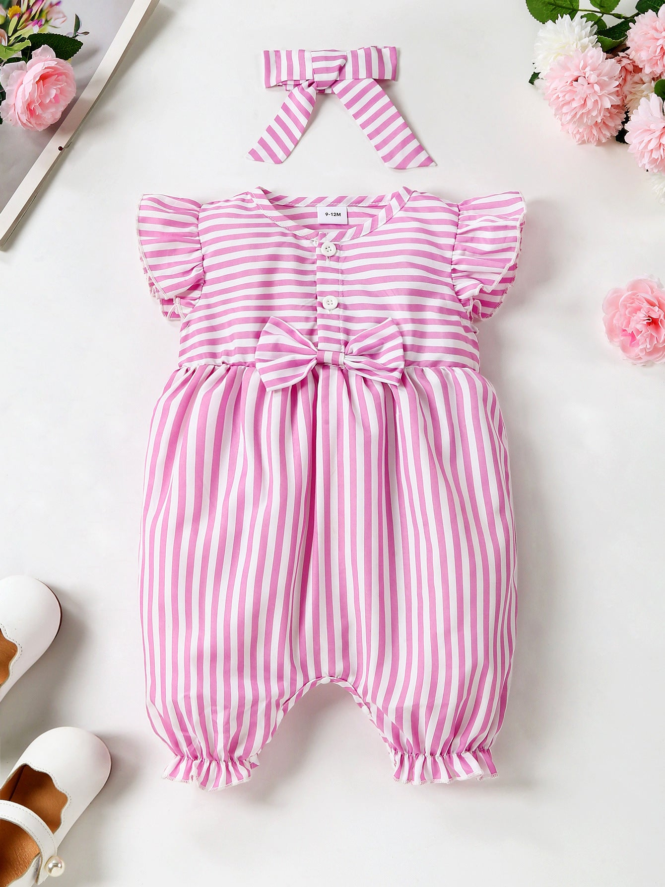 Flounced Sleeve Bow One-piece Romper Crawling Suit Same Style Fashion Hair Band