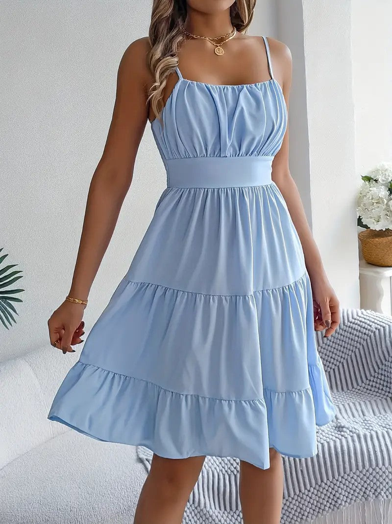 Sleeveless Sling Square Collar Smocking Layered Pleated Dress