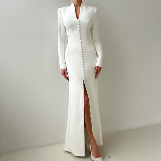 V-neck Long Sleeve High Waist Slit French Dress