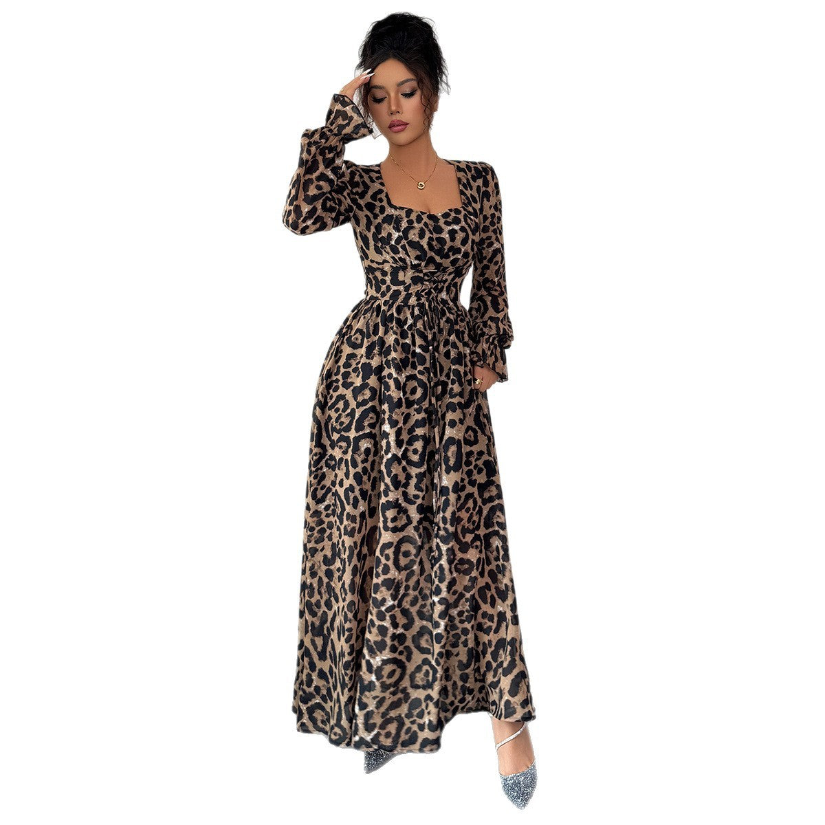 Leopard Print Long Sleeve Maxi Dress Women