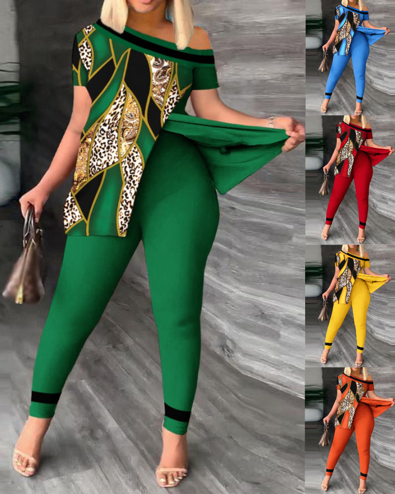 Women's Fashion Casual Slit Diagonal Collar Printing Suit