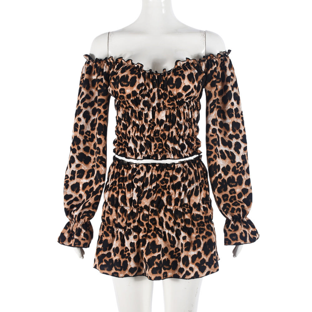 Autumn And Winter Show Navel Leopard Print Long Sleeved Short Skirt Two-piece Set