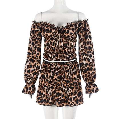 Autumn And Winter Show Navel Leopard Print Long Sleeved Short Skirt Two-piece Set