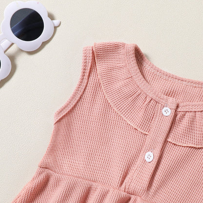 Girls' Fashion Waffle Sleeveless Dress Top Shorts Headdress Three-piece Set