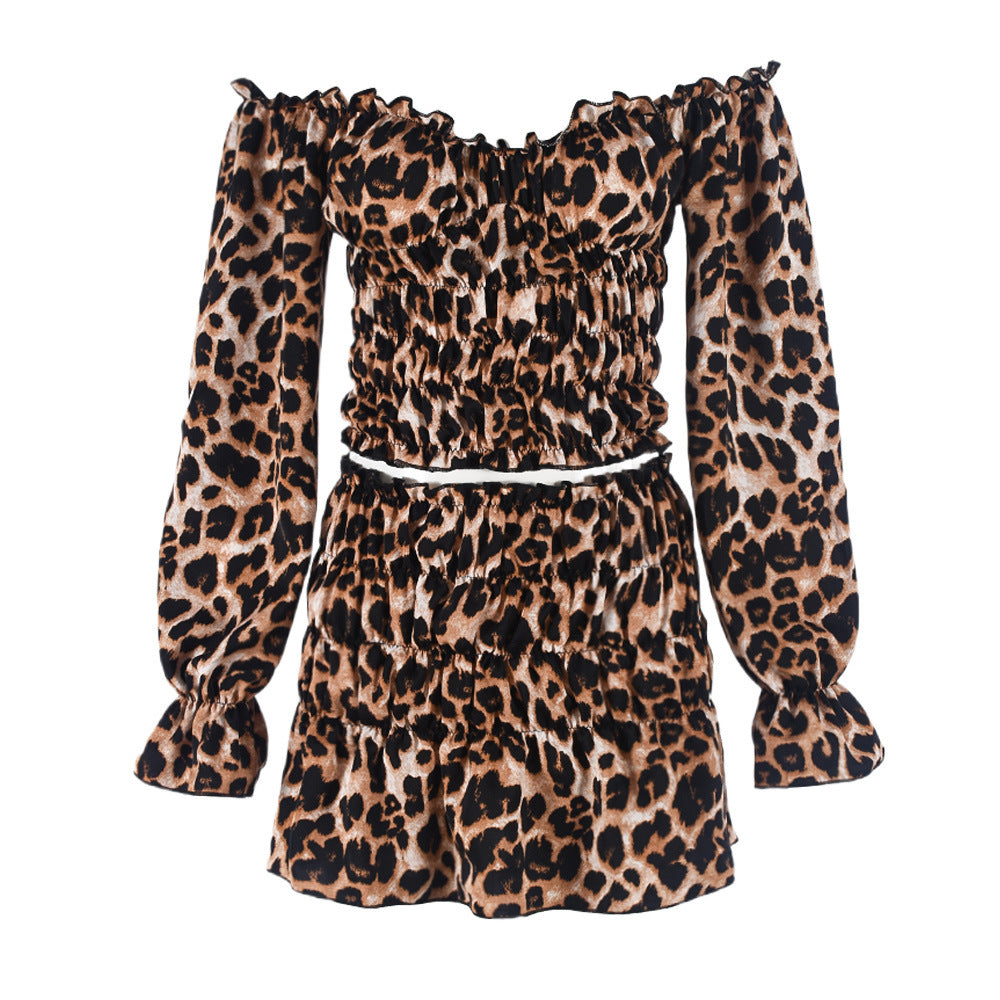 Autumn And Winter Show Navel Leopard Print Long Sleeved Short Skirt Two-piece Set