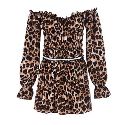 Autumn And Winter Show Navel Leopard Print Long Sleeved Short Skirt Two-piece Set