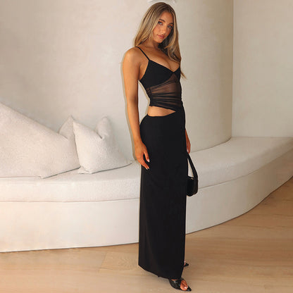 Winter New Fashion Sexy Patchwork Slit Mesh See-through Sling Dress