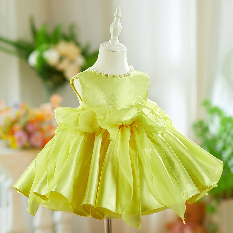 Yellow Mixed Satin Pearl Heavy Industry Pettiskirt Baby Birthday Party Dress