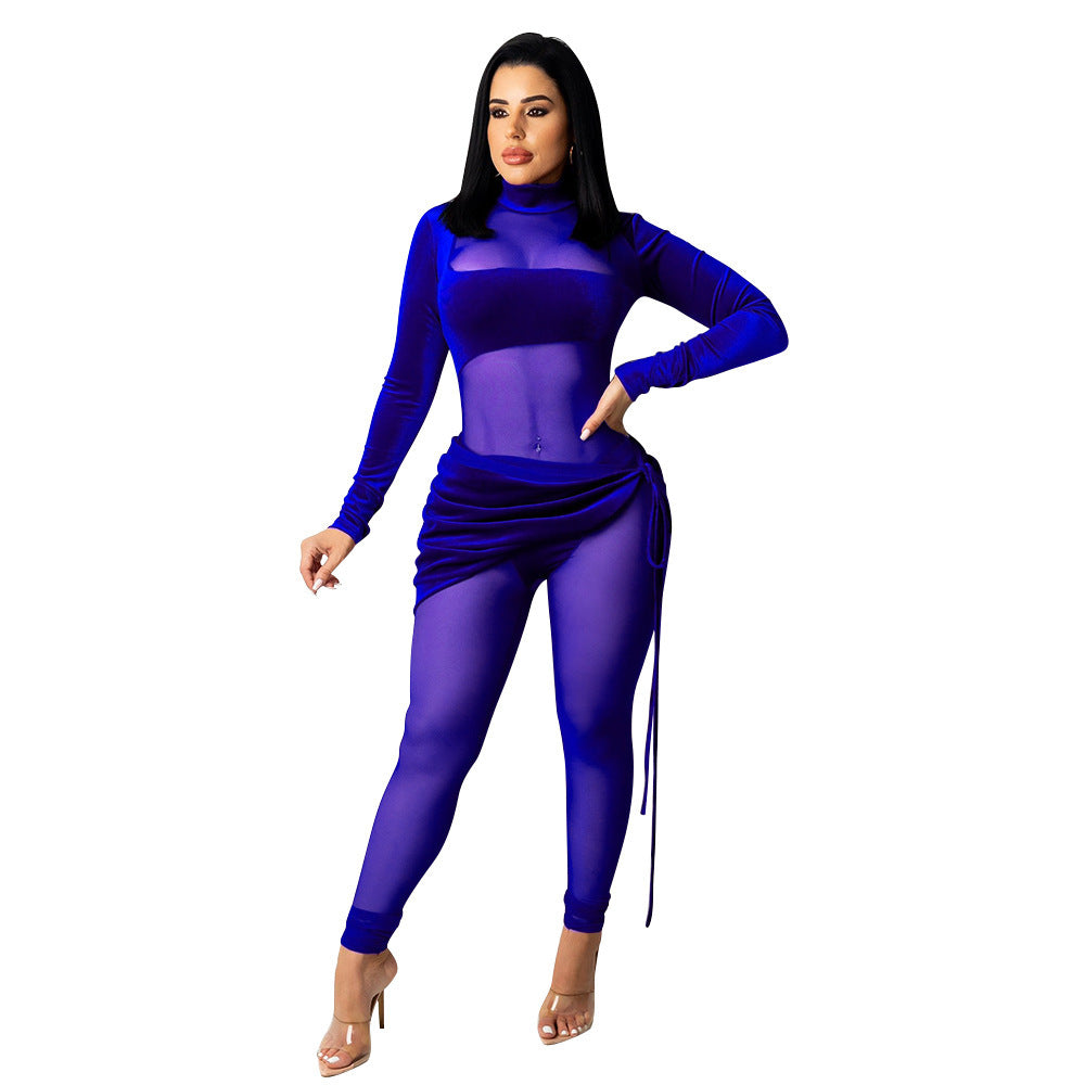 Sexy Mesh Velvet Stitching Solid Color Jumpsuit