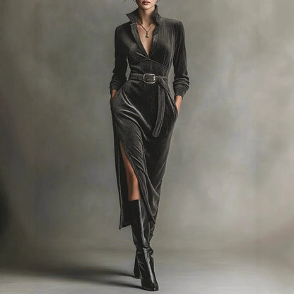 V-neck High Waist Solid Color Tie Slit Dress