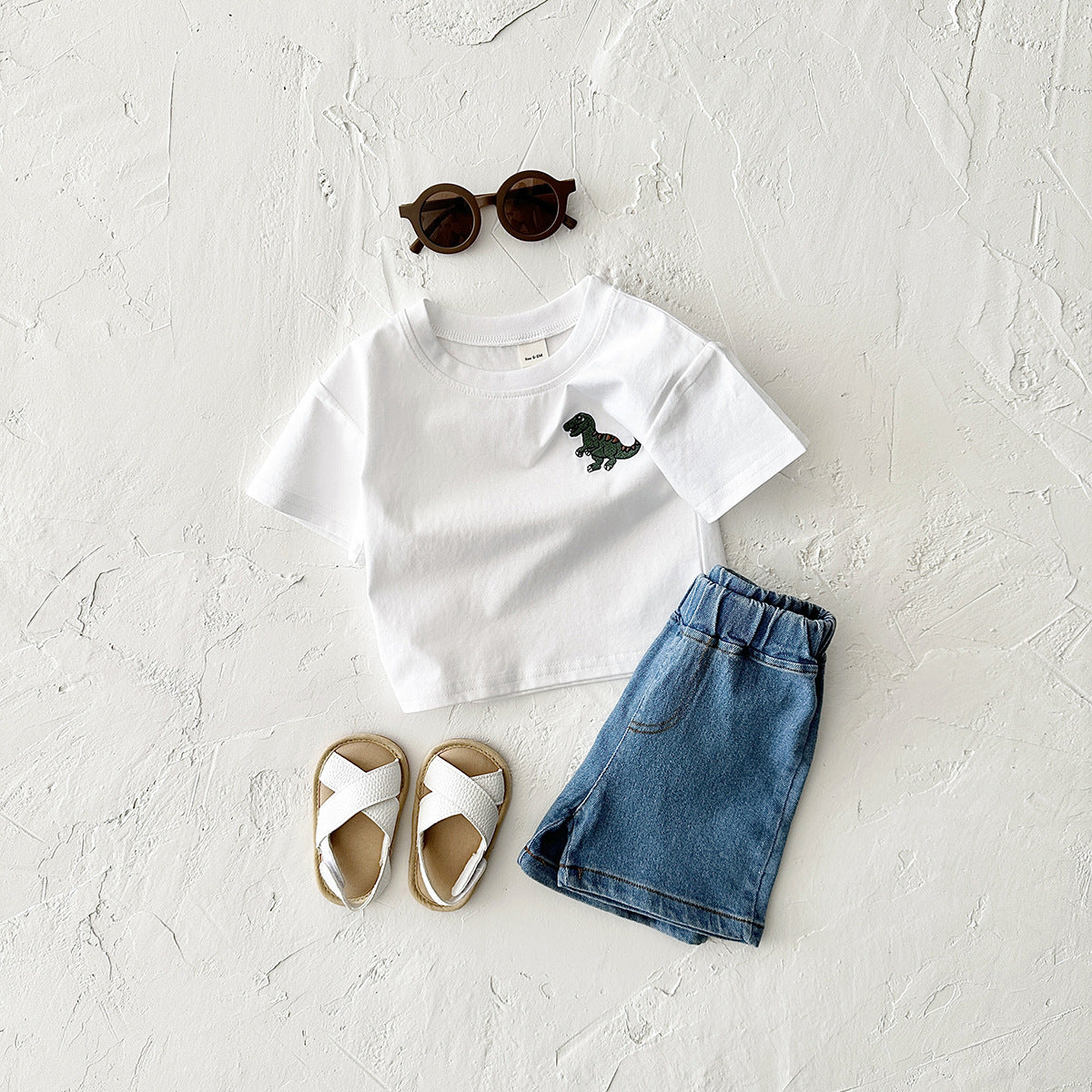 Children's Cartoon Dinosaur Embroidery Short Sleeved Set